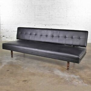 Vintage Mid Century Modern Black Vinyl Faux Leather Convertible Sofa By Universa