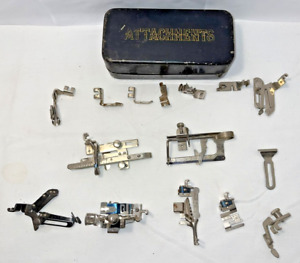 Lot Of 15 Antique Singer Sewing Machine Attachments In Black Metal Tin