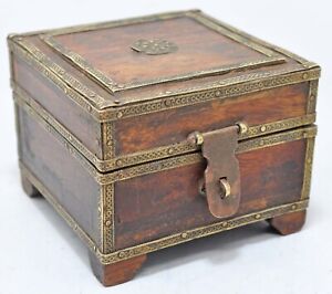 Vintage Wooden Small Jewellery Box Original Old Hand Crafted Brass Fitted