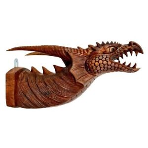 Hand Carved Wooden Dragon Head Wall Mount Mask Gothic Style Medieval Art