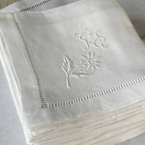 1 Single Antique White Linen Napkin Cg Monogram Hand Stitched Embroidery Detail