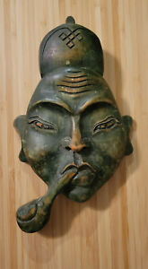 Hand Carved Chinese Wooden Mask 7 5 Tall W Pipe Painted Dyed Green 