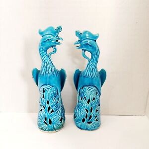 19th 20th C Pair Chinese Export Sancai Turquoise Glaze Phoenix Birds 6 5 H