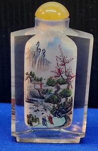 Vtg Chinese Reverse Hand Painted Crystal Glass Perfume Scent Snuff Bottle Beauty