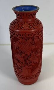 Chinese Cinnabar Lacquer Vase Circa 1970 Red Floral Inlay 8 Tall