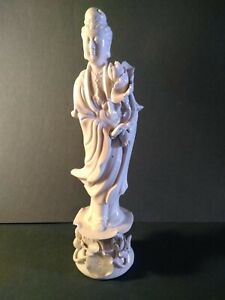 Antique White Porcelain Figurine Holding Lotus Flower 10 Tall Detailed Marked