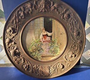 Great Large 19 Antique Hand Painted French Porcelain Plate Brass Repousse Frame