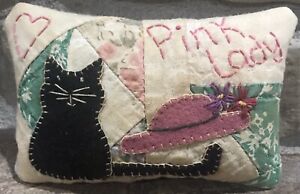Primitive Pink Lady Black Cat Pillow Made From Vintage Quilt