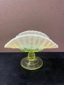 Antique Dugan Glass Ruffled Gooted Compote Yellow Opalescent Uranium Glass Vtg