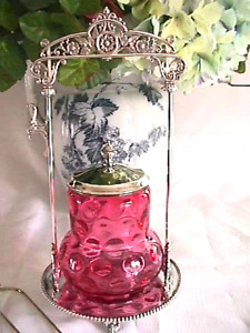 Antique 1880s Meriden Silverplate Pickle Castor Cranberry Ivt Jar Lid Tongs Nice