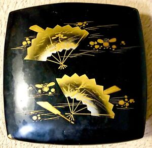 Japanese Black Lacquered Box Vtg With Painted Fans Bento Jewelry Made In Japan