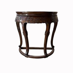 Vintage Chinese Brown Flower Carving Wood Half Round Pedestal Table Cs7592