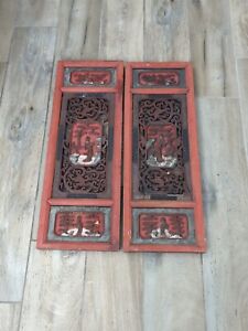 2 Chinese Vintage Wood Carved Panels Window Shutters Wall Art Asia