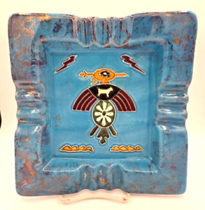Vintage Usa Marked Large Mccoy Ashtray Square Phoenix Tribal Design Turquoise