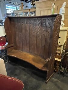 Early 19th 18th Century Barrel Back Carved Settle Settee Bench