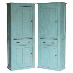 Hand Painted Pair Of Antique Victorian Circa 1860 Pine Housekeepers Cupboards