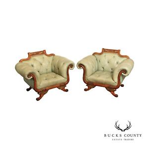 Quality Empire Style Pair Of Tufted Leather Lounge Chairs