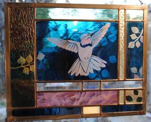 Stained Glass Window Panelhummingbird With Leaves Blue Turquoise Purple Gold
