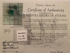 Old Atocha Shipwreck Emerald 1 27ct 2b Special Auction No Resv 1986 Cert 