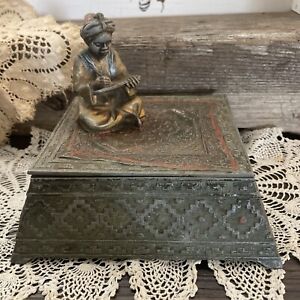 Antique Bronze Metal Box With Metal Carpet Seller On Lid