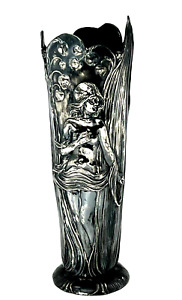 French Art Nouveau Naked Woman With Flowering Flowers Silver Plated Vase
