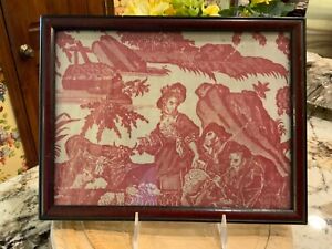 Antique Framed French Toile Fabric Circa Early 1800s Country Scene