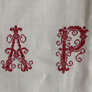 1 Single Antique French Linen Napkin Cross Stitch Ap Monogram Fine Linen Vintag