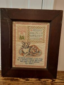 Antique Reclaimed Wood Frame Needle Point Calico Cat How Can It Prove Its Title 