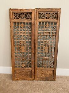 A Pair Of Chinese Antique Hand Carved Wooden Window Panels