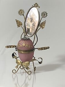 Lovely Antique 19thc French Palais Royal Pink Opaline Glass Egg Ormolu Squirre