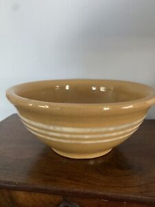 Early Antique Yellow Ware Yellowware Bowl With White Slip Glaze Stripes