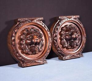 11 Pair Of French Antique Renaissance Medallions Carved Oak Wood Trim Lions