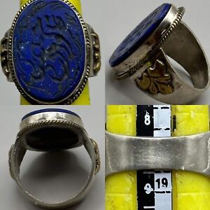 Solid Afghan Silver Old Islamic Lucky Writing Lapis Lazuli Stone Wonderful Ring