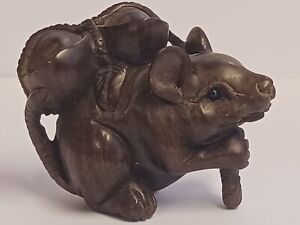Antique Japanese Carved Box Wood Netsuke Mouse Rat With Rice Bails Artist Signed