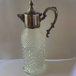 Vintage Pitcher Decanter Glass Diamond Point With Silverplate Silver Plate Top