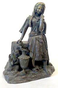 Antique Bronze Arabian Arabic Woman Sitting On A Rock With A Jug Of Water