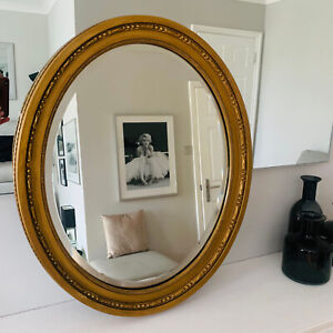 Beautiful Antique Vintage Gold Mirror Large Wood Framed Bevelled Oval Giltedge