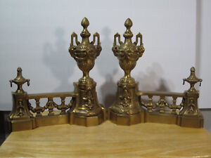 Vintage French Louis Xvi Style Brass Fireplace Castilian Chenet Andirons