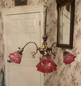 Antique 3 Arm Brass Hanging Lamp Light Chandelier W Cranberry Shades