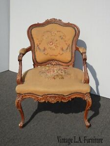 Vintage French Country Rococo Louis Xv Ornately Carved Tapestry Chair Asis
