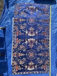 Antique Chinese Dynastic Blue Silk Tablecloth Textile Scenic Imperial Pagoda