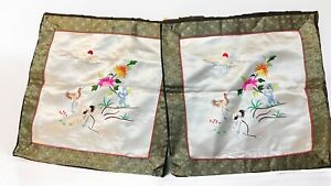 Vtg Chinese Silk Embroidered Art Pillowcases Cranes Birds Flowers Lot Of 2 15x15