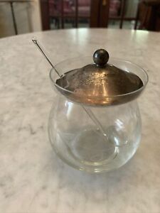 Vintage Sterling Silver Etched Crystal Condiment Jar Glass Spoon