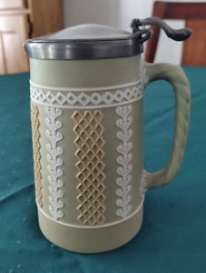 Rare Antique Wedgwood Intricate Tri Colour Jasperware Jug With Pewter Lid 