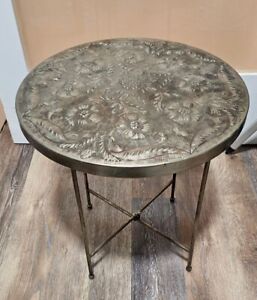 Vintage Brass Top Folding Tray End Table Plant Stand 18 Round X 19 Tall