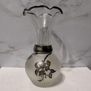 Antique Rockwell Silver Co Flower Overlay Glass Vase 5 Sterling Non Tarnish