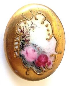 Hand Painted Oval Porcelain Antique Button Not Stud Gold W Pink Red Roses