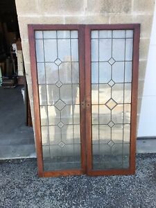 Mk 82 Pair Antique Oak Leaded Glass Cabinet Door 40x59 25