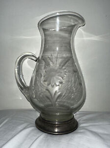 Antique Etched Crystal Glass Water Lemonade Pitcher Sterling Base Florals Rare