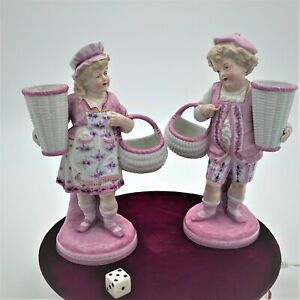 Antique 8 Porcelain Pair Of Children Figurines With Lavender And White Baskets